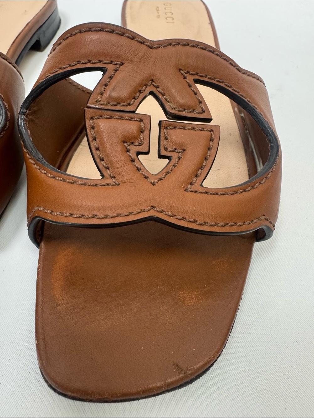 Gucci Tan Brown Leather GG Cutout Slide Mules - Picture 4 of 9